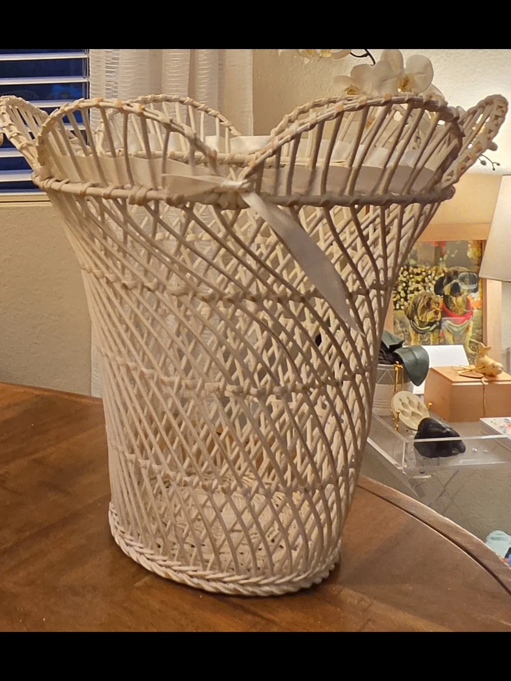 Vintage White Wicker Scalloped Flower Basket Wastebasket Shabby Chic Cottagecore